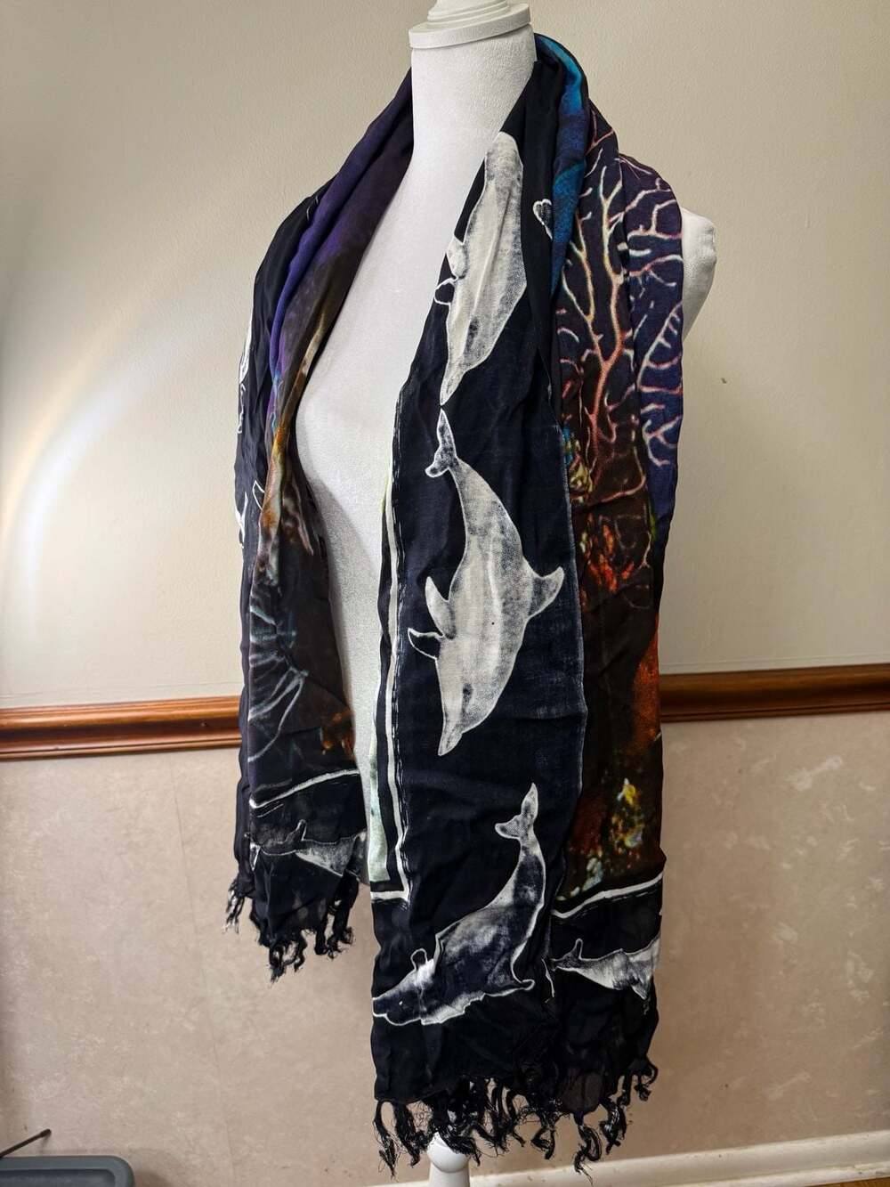 Ocean Sea Life Dolphins Coral Reef Print Scarf Black Blue Wrap